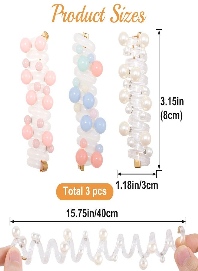 SmallCat 3PCS Spiral Hair Ties with Beads, Pearl Phone Cord Shape Hair Bands, Elastic Rubber Ponytail Holders for Women, No Crease Hair Accessories for Long Curly Hair - Colorful, Pink, White Beads - Image 2